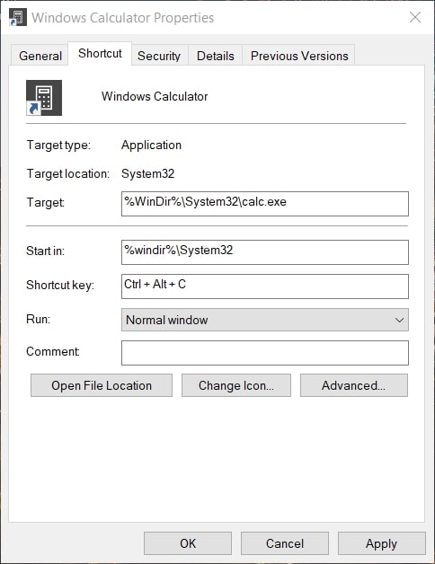 The Shortcut key for calculator in Windows 10