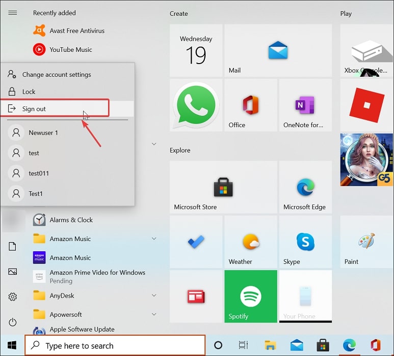 Se déconnecter de Windows 10 à partir du menu de démarrage