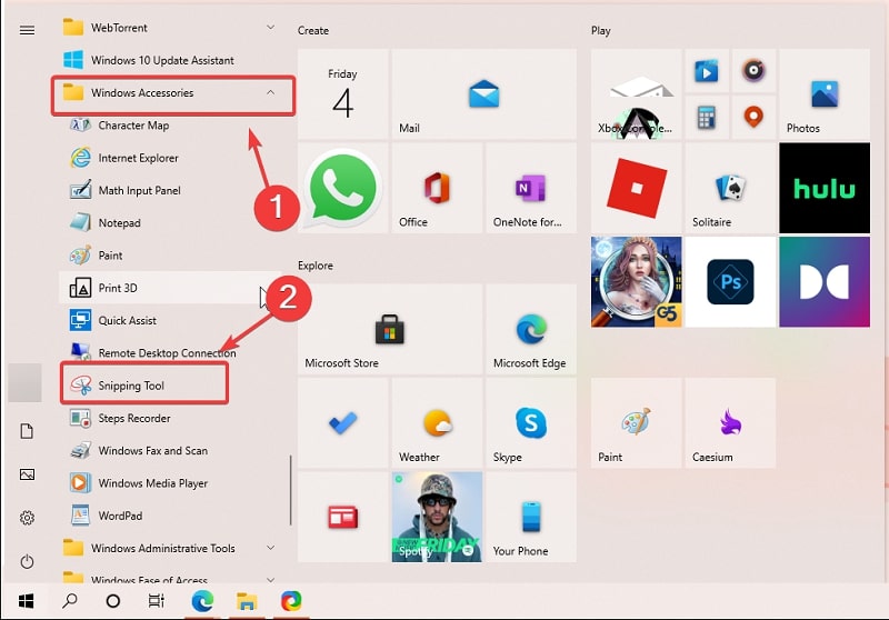 Open Snipping Tool in Windows 10 from the Start Menu