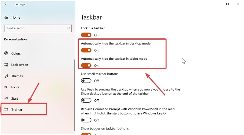 Hide Taskbar on Windows 10 via Taskbar Settings