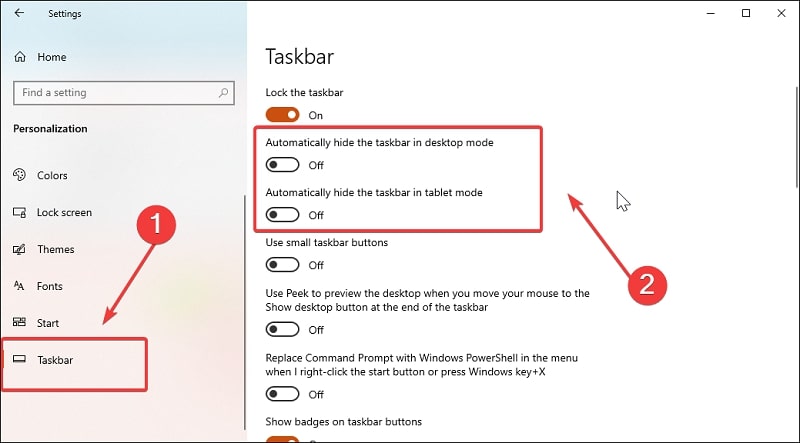 Show Taskbar on Windows 10 via Taskbar Settings