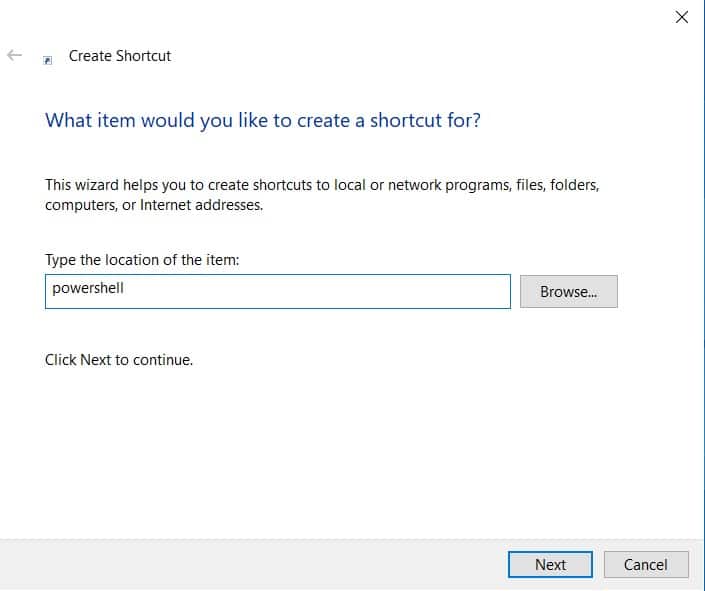 Type a name for PowerShell shortcut in Windows 10