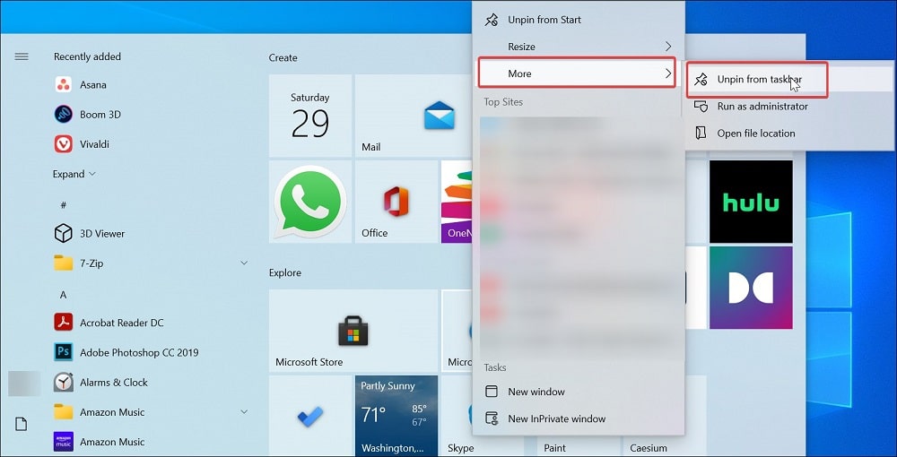 Détacher des programmes de la barre des tâches dans Windows 10 à partir du menu Démarrer