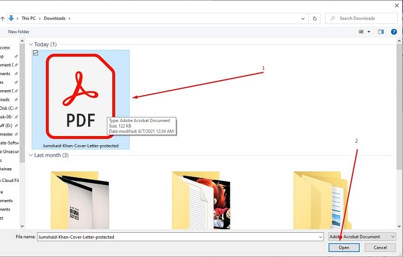 Locating and selecting the secured PDF file