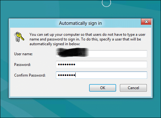 Boîte de dialogue de connexion automatique de Windows 8
