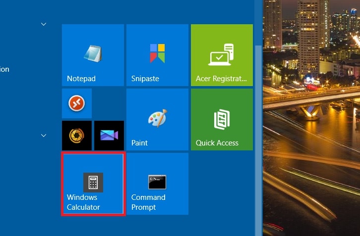 Une tuile de menu Démarrer Calculatrice dans Windows 10