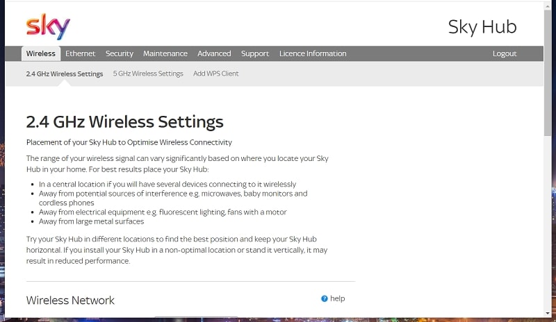 The Wireless tab in Sky router firmware