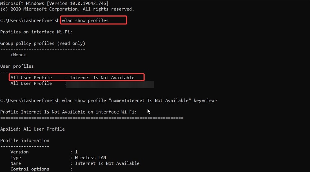 View Wi-Fi network name using Command Prompt in Windows 10