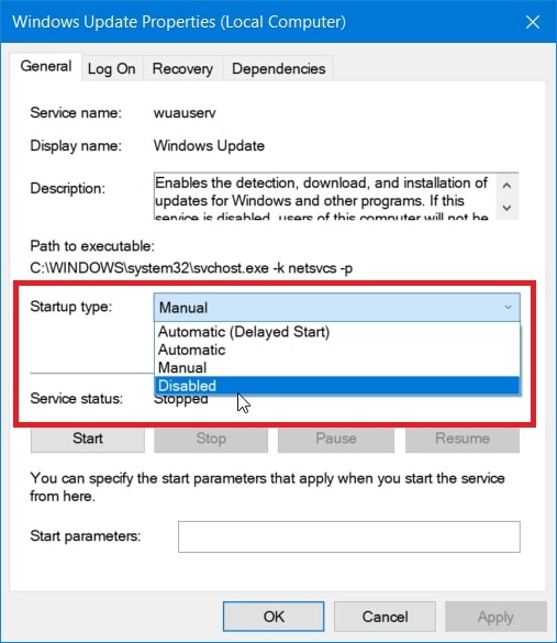 Disabled startup type in Windows Update Properties Windows 10