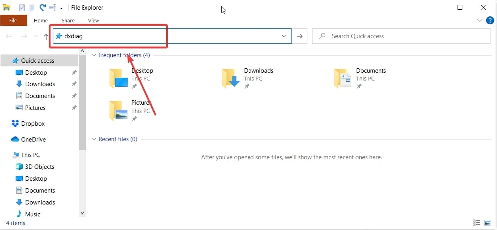 Ouvrir l'outil de diagnostic DirectX dans Windows 10 via l'explorateur de fichiers