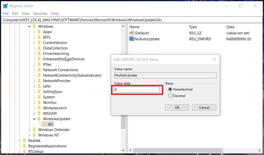 The Edit DWORD window in Registry editor Windows 10