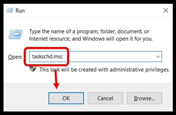 Use Run dialog to locate Task Scheduler on Windows 10