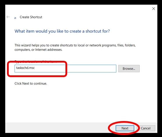 The Task schedule shortcut window on Windows 10