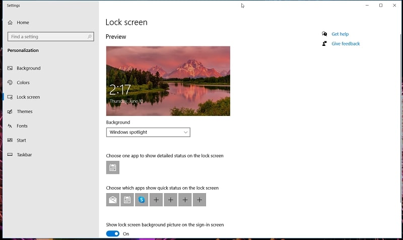 Lock screen Settings in Windows 10