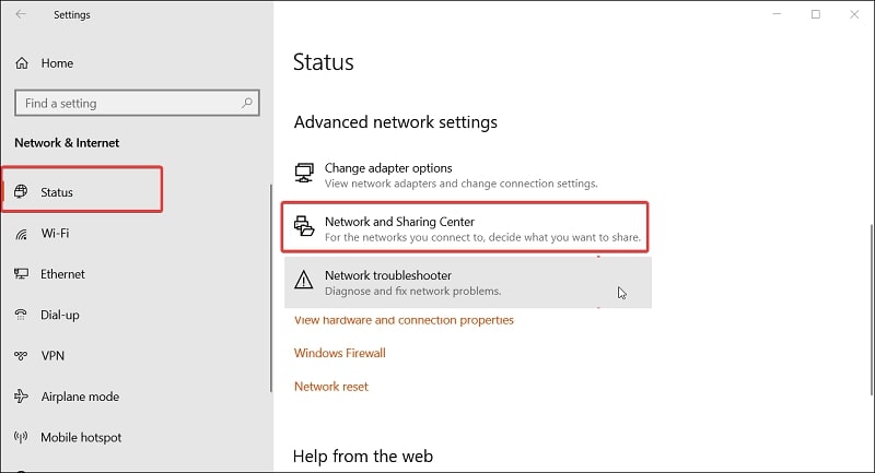 Network and Sharing Center in Windows 10 settings