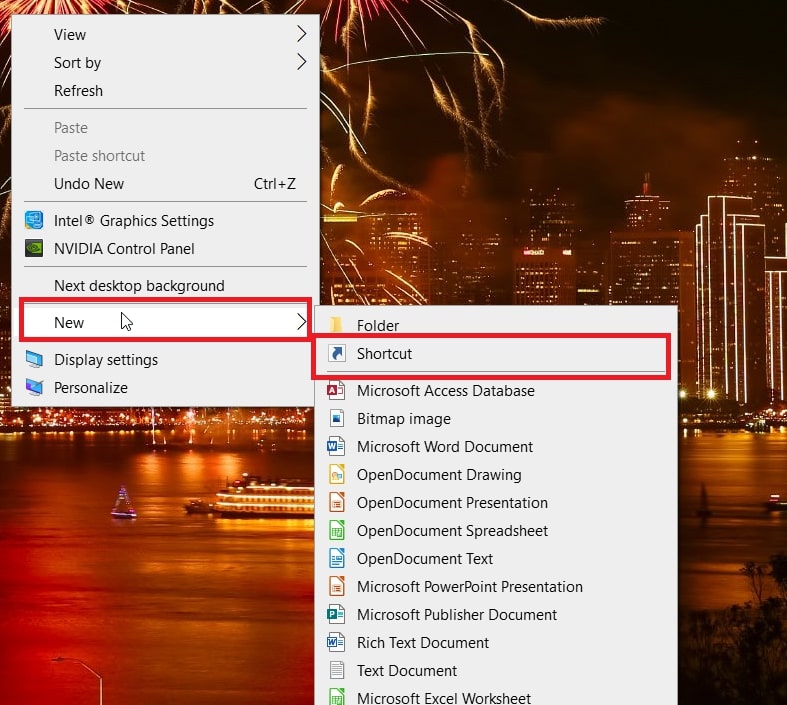 The New submenu option in Windows 10 desktop