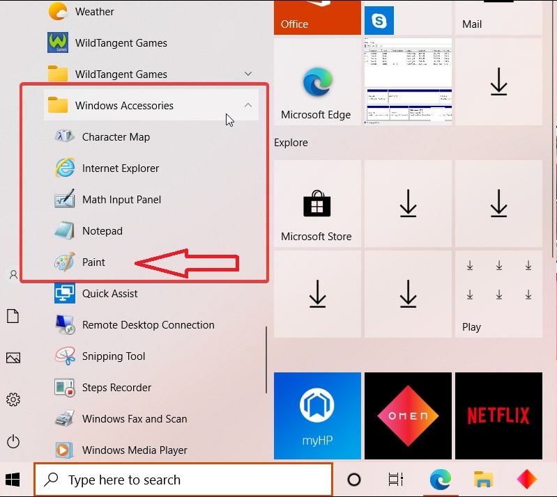 Ouvrir Paint dans Windows 10 à partir du menu Démarrer