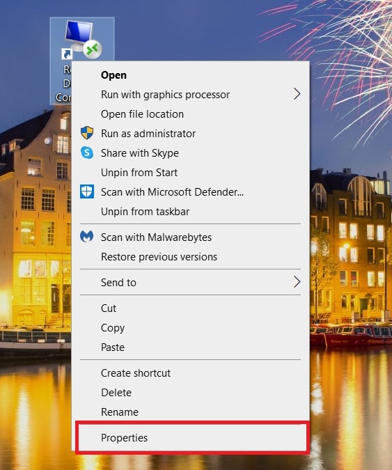 The Properties context menu option of Remote Desktop Connection shortcut
