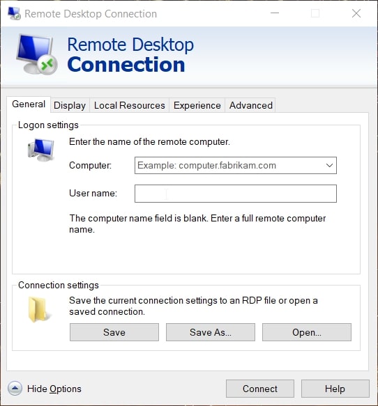 The Remote Desktop Connection General tab in Windows 10
