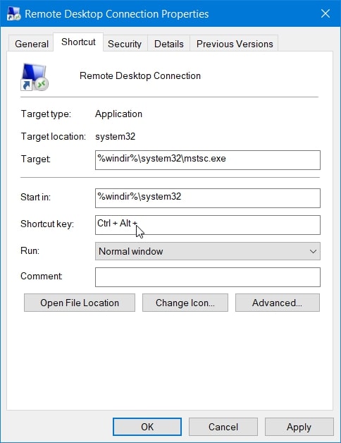 The Remote Desktop Connection Properties window