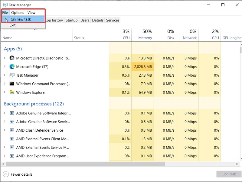 Run new task in Windows 10 from task manager