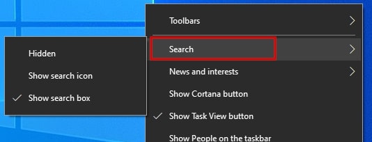 Search in Taskbar right-click menu Windows 10