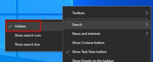 Hidden Search in Taskbar right-click menu Windows 10