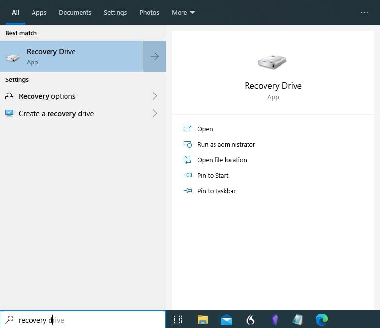 Search and Launch recovery drive in Windows 10