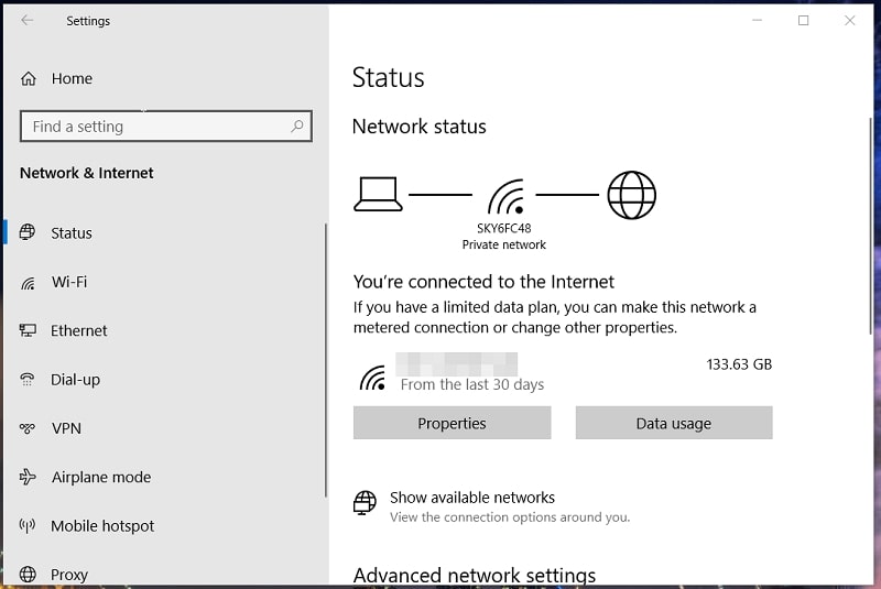 The Status tab in Network & Internet settings Windows 10