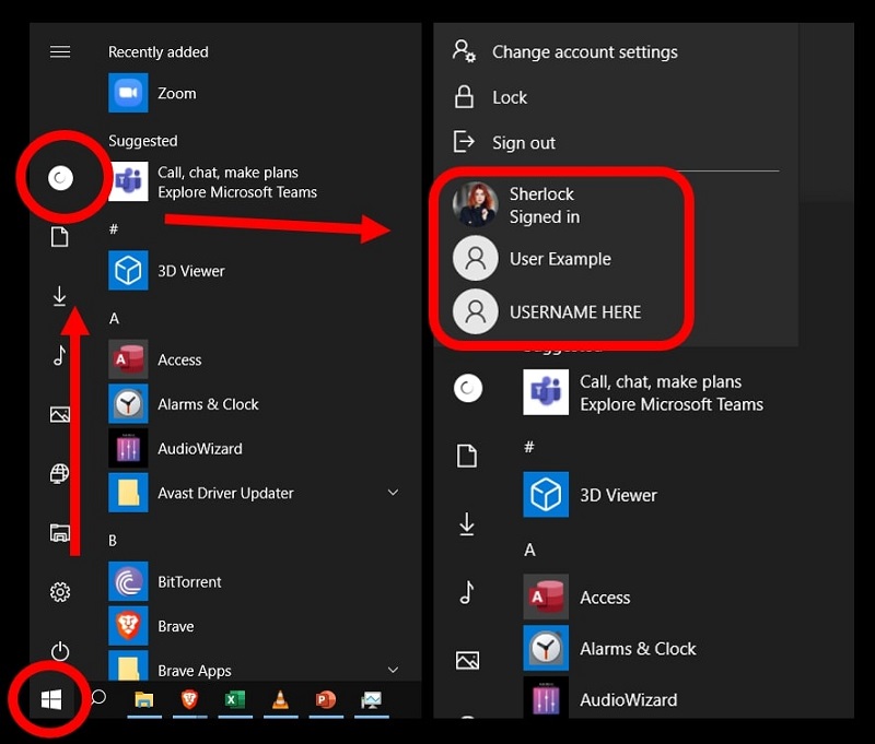 how to switch user accounts on Windows 10 from the start menu