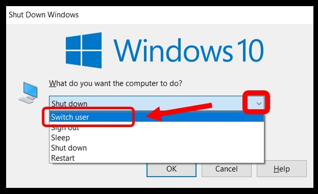 The Shutdown dialog box highlighting the Switch user on Windows 10