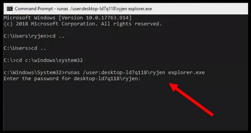 Command Prompt highlighting the command to change a user on Windows 10