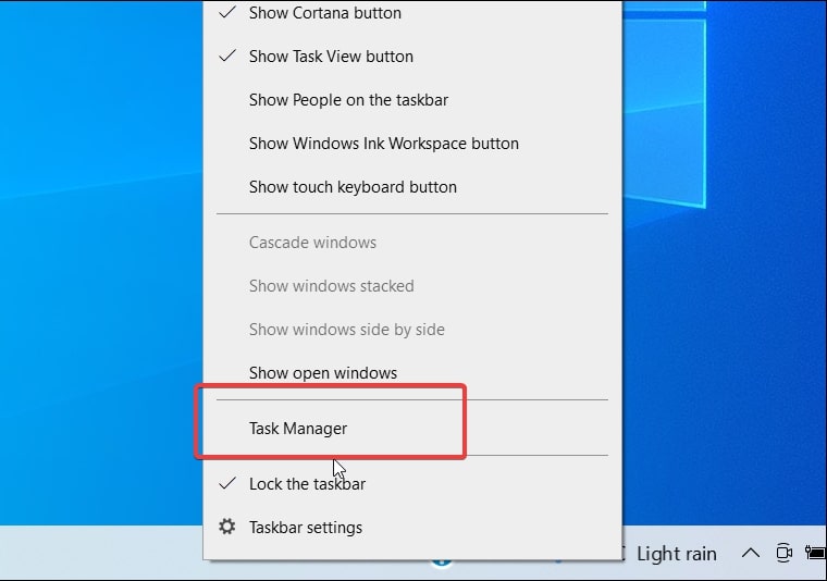 Open Task Manager in Windows 10 from Taskbar