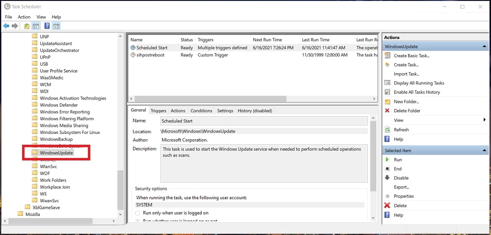 Les tâches de mise à jour dans le planificateur Windows 10