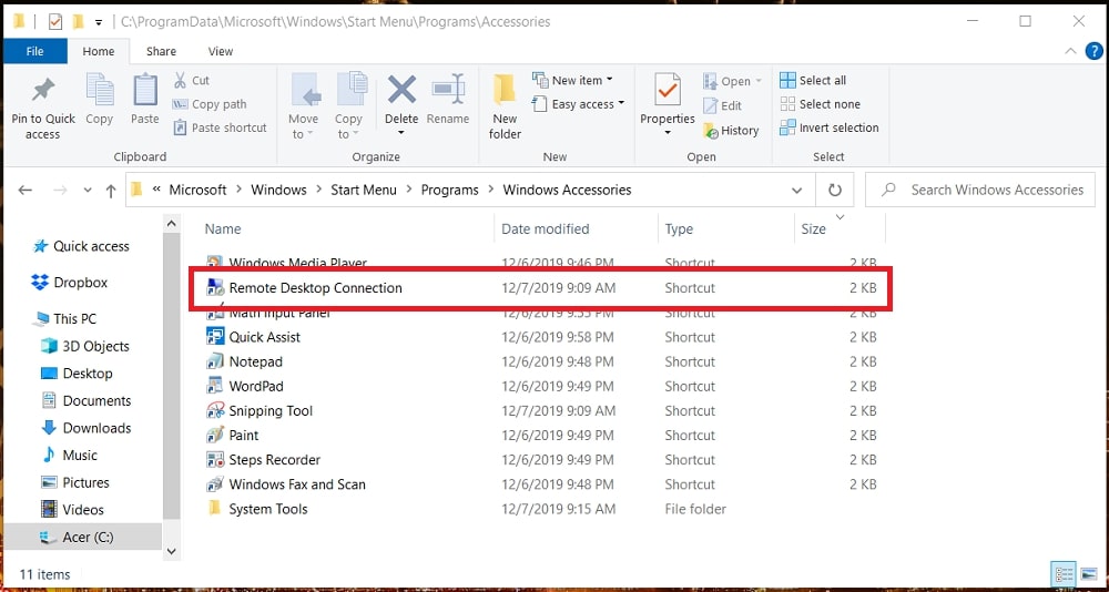 Emplacement de la connexion au bureau à distance : Le dossier Accessoires de Windows