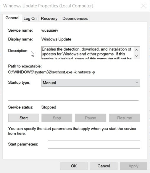 The Windows Update Properties window in Windows 10