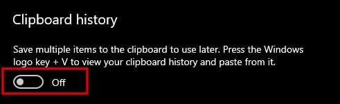 Chipboard history in Windows 10 settings
