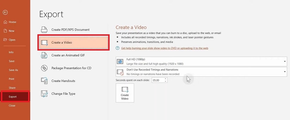 The Create a Video tool in PowerPoint
