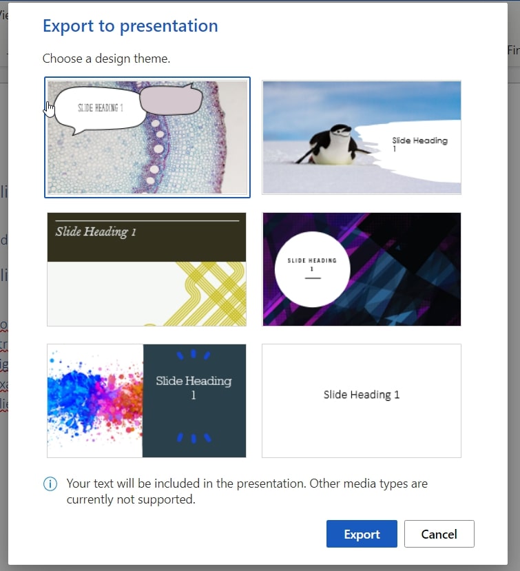 The Export button to convert to presentation in MS word web app