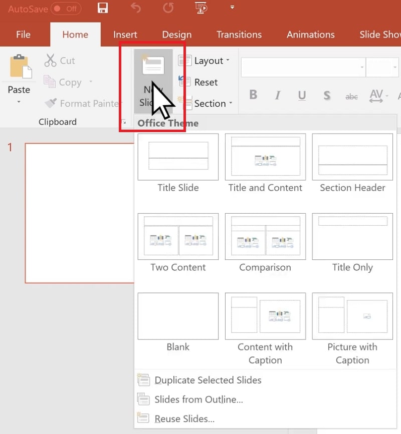 The New Slide button in PowerPoint