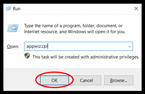 La fenêtre Exécuter met en évidence la commande permettant d'ouvrir les Programmes et fonctionnalités dans Windows 10