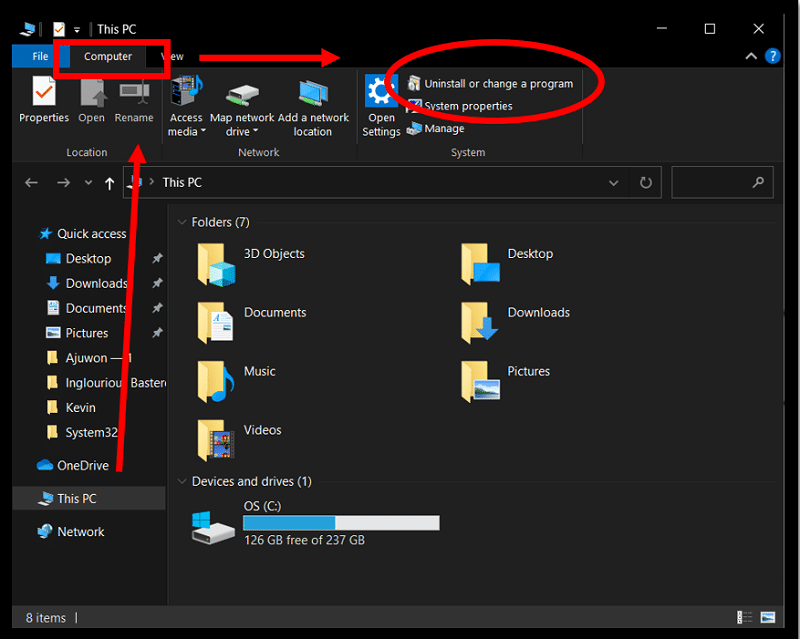 This PC option highlighting the steps to open the Uninstall or change a program in Windows 10