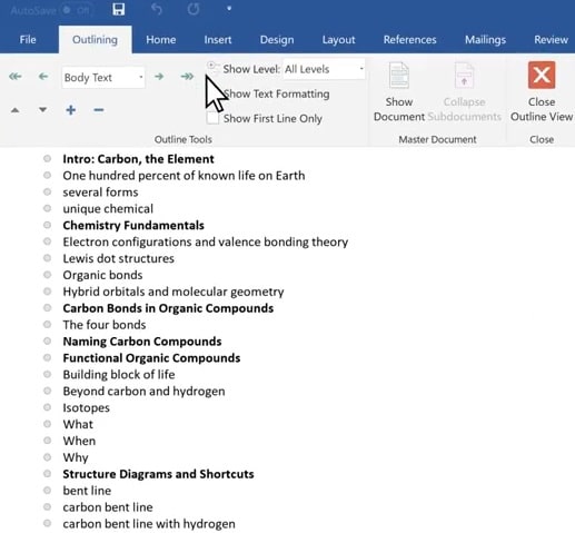 The Outlining tab in Word
