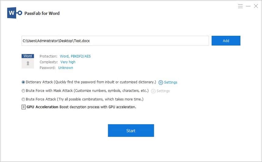 select attack and start word password unlock process