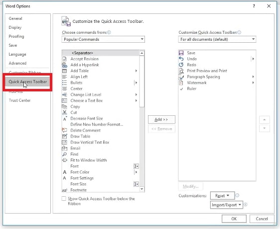 The Quick Access Toolbar tab in Word Option