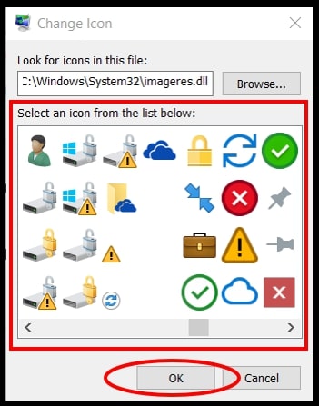 The Change Icon pop-up showing how to change desktop icons on Windows 10