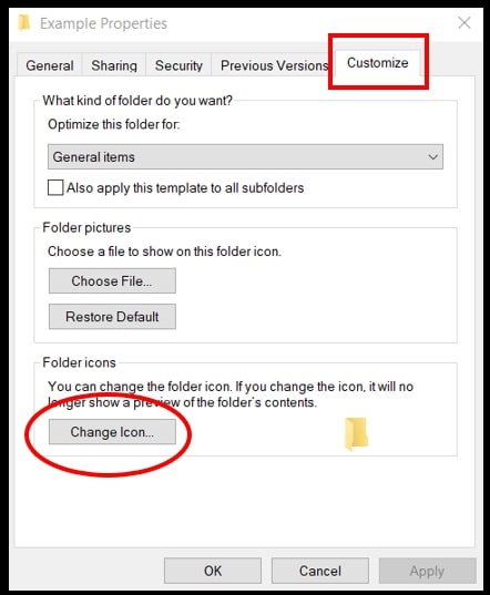 The Properties box of folder highlighting the Change Icon option within Customize tab