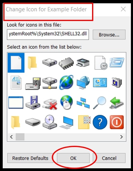 The Change Icon for folder box showcasing all the icons to change the folder icon on Windows 10