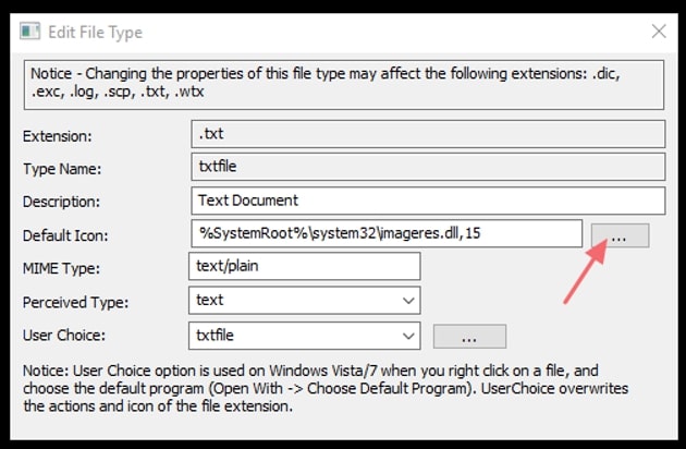 La fenêtre contextuelle Modifier le type de fichier de FileTypeMan met en évidence l'option permettant de modifier l'icône du type de fichier sous Windows 10.