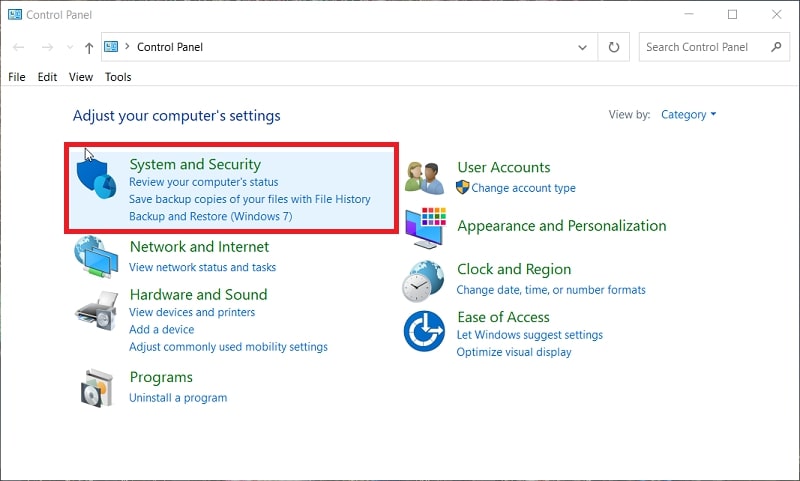 The System and Security in Control Panel in Windows 10